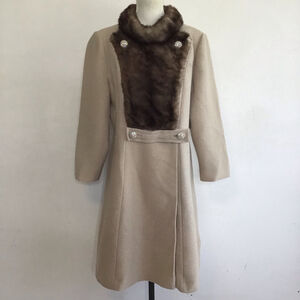 Youth Craft Women Vintage Beige Pea Coat with Brown Faux Fur Trim M